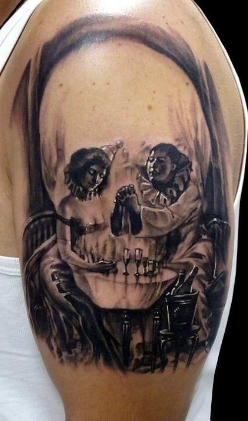 Drinking Girls And Skull Optical Illusion Tattoo On Left Bicep